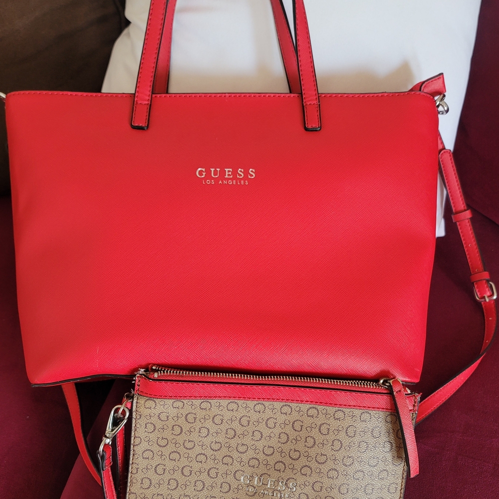 Guess Vibrant Red and Brown Tote